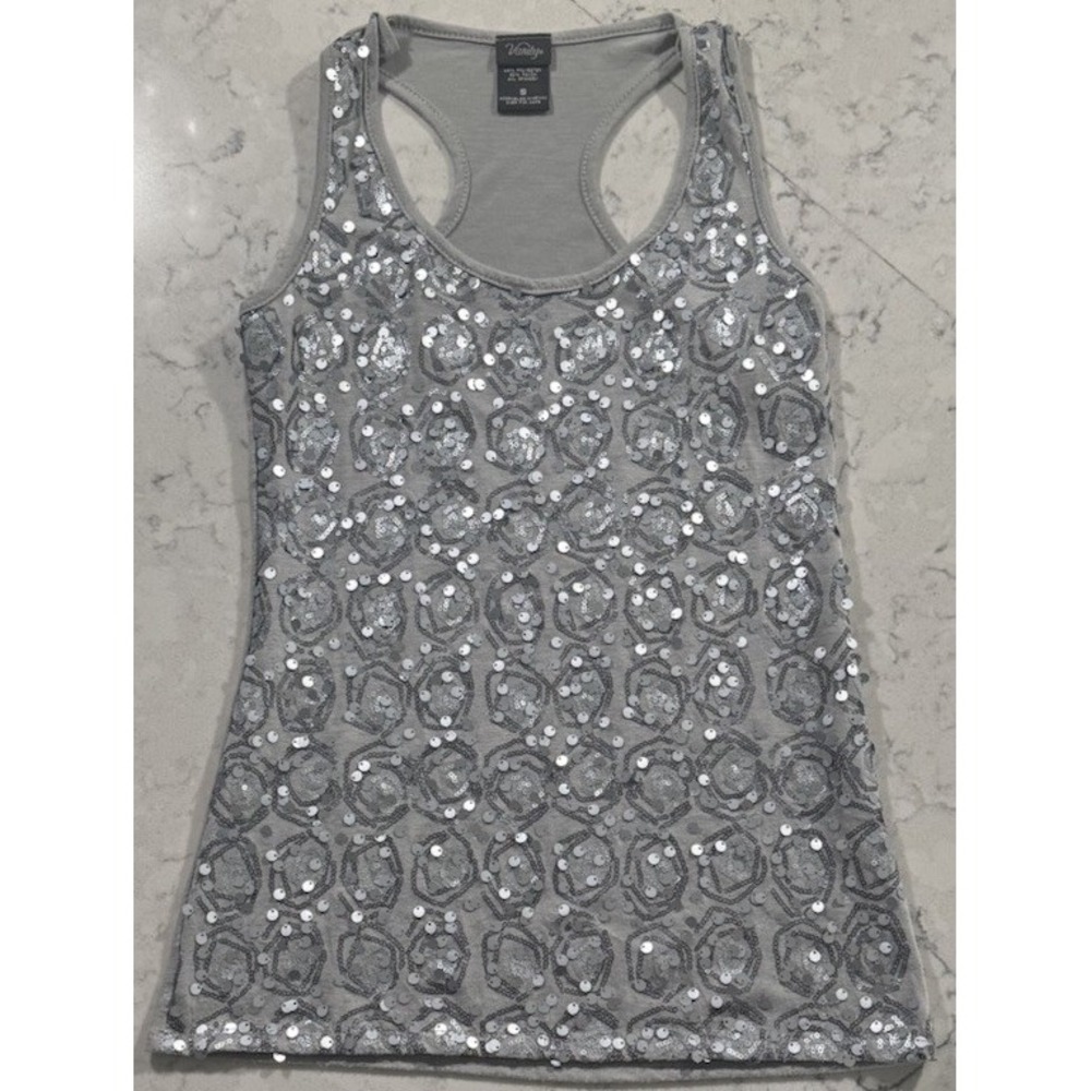 VTG Y2K Vanity Sequin Tank Top Womens Small Silver Sparkle Shimmer Racerback